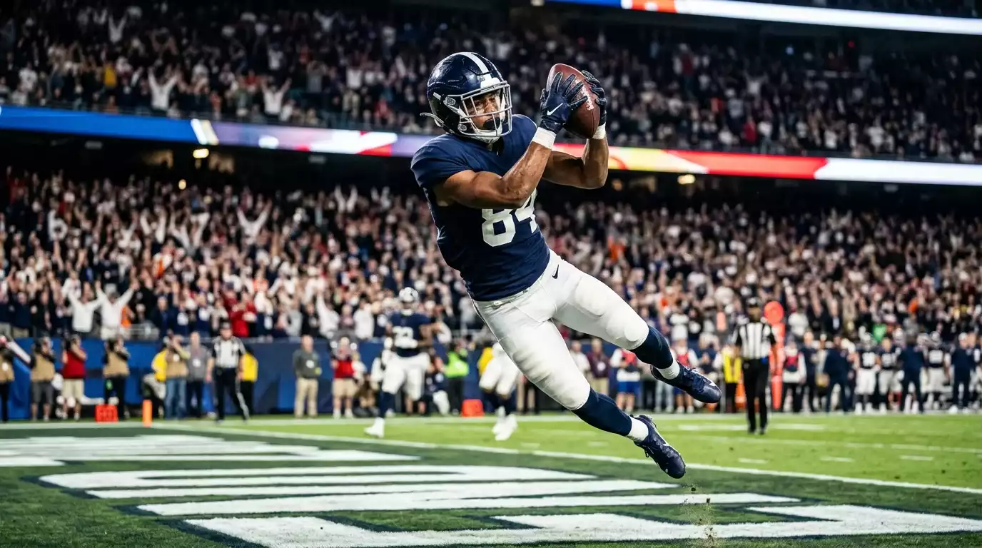 American football player catching a pass in the end zone during an NFL game under bright stadium lights