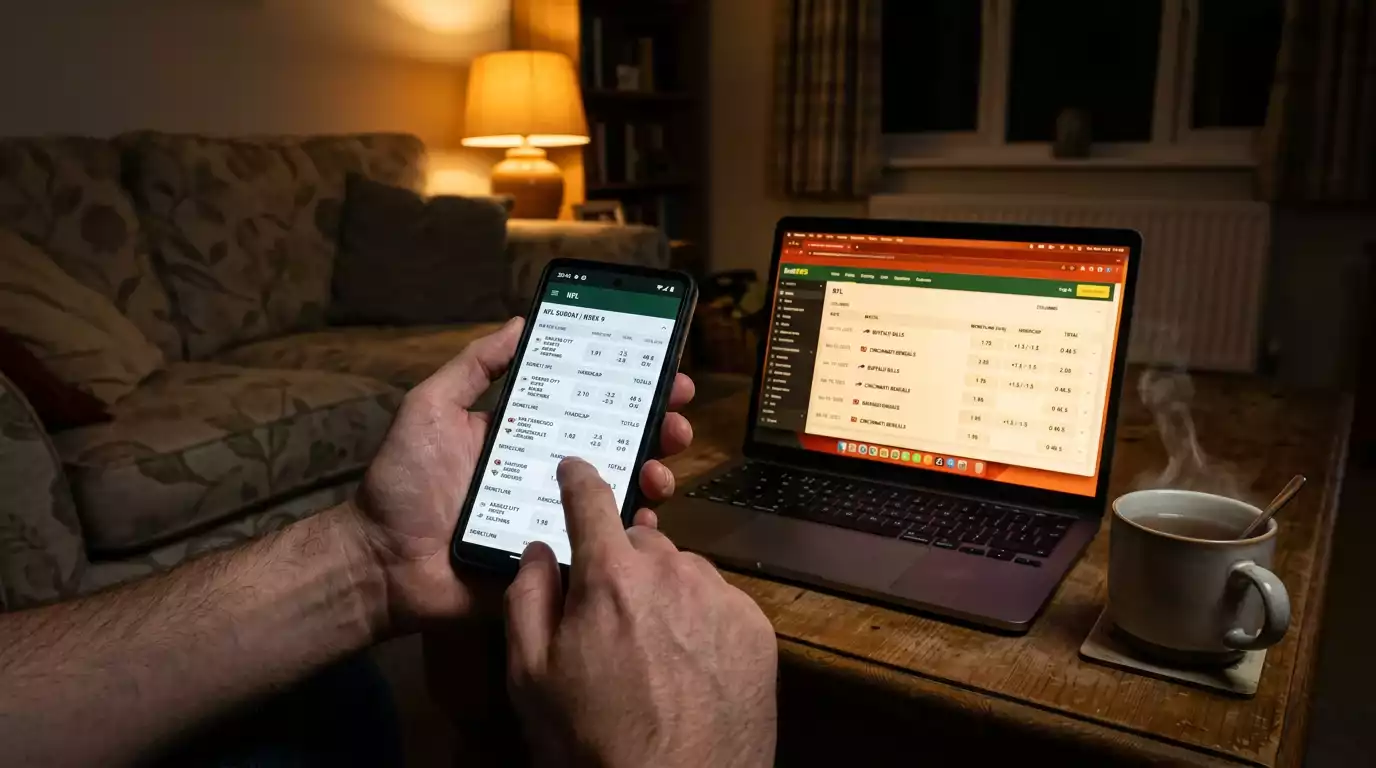 UK bookmaker screen displaying NFL point spread and moneyline markets for a Sunday slate