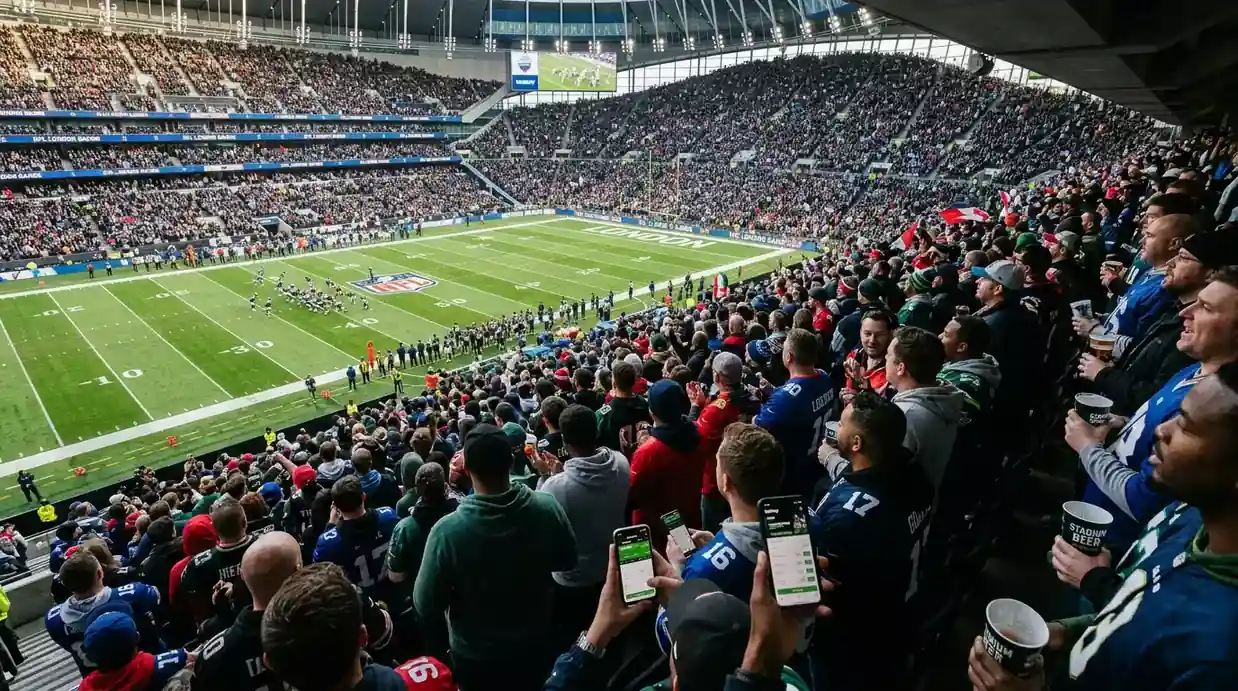 NFL fans at a London stadium game wearing team jerseys and checking mobile betting apps